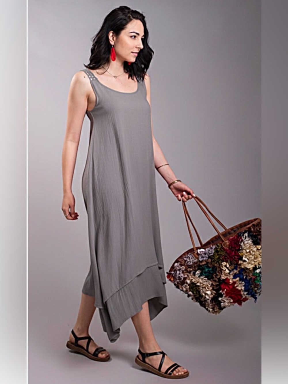 Gray 100% Cotton Midi Dress Asymmetric Hem Lagenlook Made in Greece L